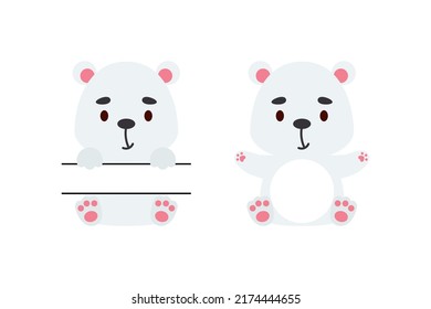 Cute little polar bear split monogram. Funny cartoon character for kids t-shirts, nursery decoration, baby shower, greeting cards, invitations, scrapbooking, home decor. Vector stock illustration