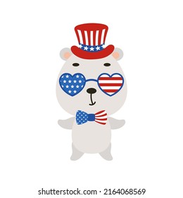 Cute little polar bear in USA patriotic hat and glasses. Cartoon animal character for kids t-shirt, decoration, baby shower, greeting card, invitation, house interior. Vector stock illustration