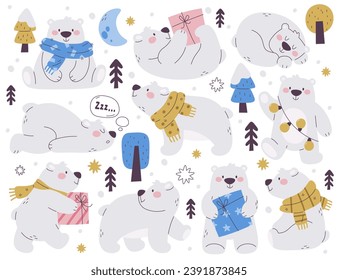 Cute little polar bear wearing warm winter scarf holding gift, wrapped in garland among snow-covered spruce tree vector illustration. Funny animal sitting, sleeping, celebrating New Year and Christmas