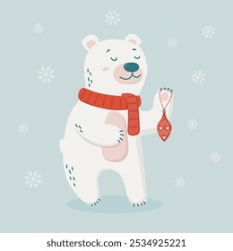 Urso polar bonito vestindo lenço vermelho quente segurando decoração de ano novo.  Bicho engraçado comemorando o Ano Novo e o Natal. Ilustração vetorial.  
