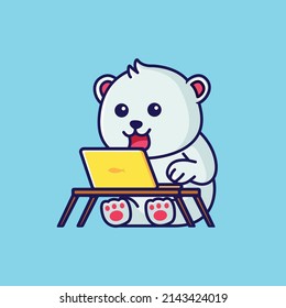 cute little polar bear working in front of a laptop cartoon illustration