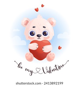 Cute little polar white bear with heart. Funny animal character in love. Holiday Valentine card. Vector illustration in cartoon style. Kids collection 