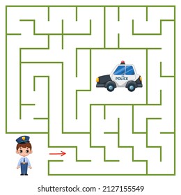 Un lindo niño de la policía está buscando una manera de llegar al auto de la policía a través del laberinto. Encontrar una salida del laberinto. Juego educativo para niños. Ilustración vectorial de dibujos animados, clipart de color