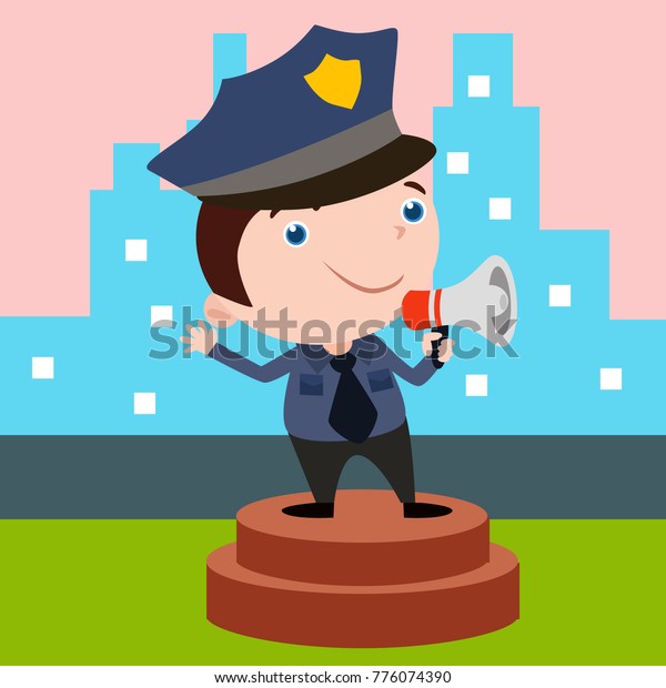 Cute little\
police man in action cartoon\
series
