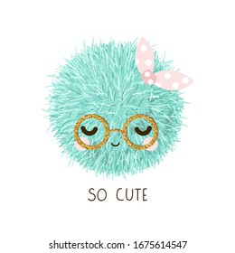 Cute little pompon with gold glitter glasses. Trendy kids graphic. Vector hand drawn illustration.