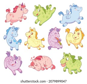 Cute little ponies. Funny cartoon character. Vector illustration. Isolated on white background. Set