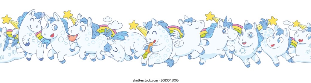 Cute little ponies. Funny cartoon character. Vector illustration. Isolated on white background. Seamless panorama for baby print 