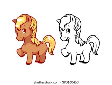 Cute little pony. Cartoon vector character isolated on a white background with black outline.