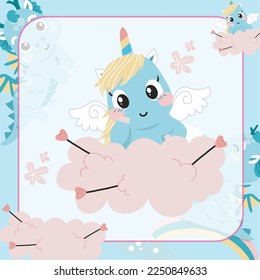 Cute Little Pony Fantasy and Magical Creature Flashcard for Children. Ready to print file. Printable game card. Funny fantasy cartoon character. Educational card for preschool. Vector illustrations.