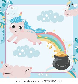 Cute Little Pony Fantasy and Magical Creature Flashcard for Children. Unicorn with St. Patrick's Day theme. Funny fantasy cartoon character. Educational card for preschool. Vector illustrations.