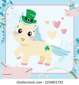 Cute Little Pony Fantasy and Magical Creature Flashcard for Children. Unicorn with St. Patrick's Day theme. Funny fantasy cartoon character. Educational card for preschool. Vector illustrations.