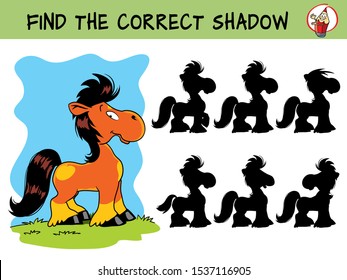 Cute little pony. Find the correct shadow. Educational matching game for children. Cartoon vector illustration