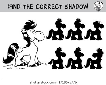 Cute little pony. Find the correct shadow. Educational matching game for children. Black and white cartoon vector illustration