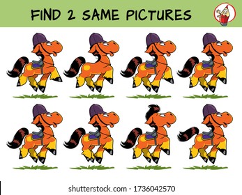 Cute little pony. Find two the same pictures. Educational matching game for children. Cartoon vector illustration