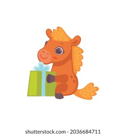Cute little pony horse sitting with gift box, flat vector illustration isolated on white background. Creative character of little cute pony with birthday present.
