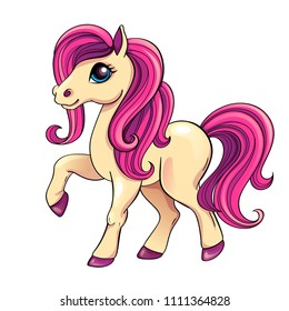 Cute little pony with pink hair. Vector illustration isolated  on white background