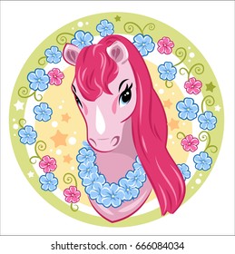 Cute little pony with a pink mane on a background of flowers. Children's print