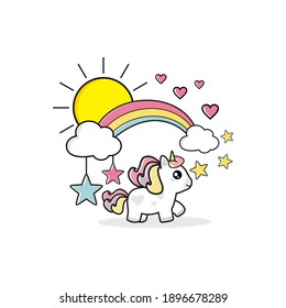 cute little pony and rainbow flat animal illustration images, this illustration is suitable for children's books, cards, pictures for children's clothes and so on