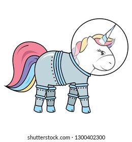 Cute little pony in technology astronaut suit with glass or plastic transparent helmet. Adorable unicorn with big elegant rainbow tail,beautiful hair and horn.Smile horse in walking pose.Simple Vector
