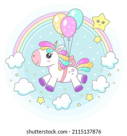 Cute little pony, unicorn flies on balloons near the rainbow.For children's design of prints, posters, stickers, cards and so on. Vector