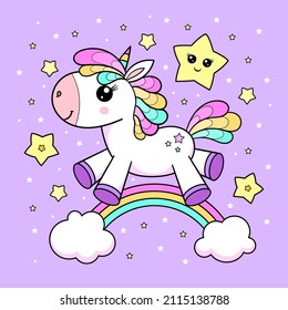 Cute Little Pony Unicorn On A Rainbow In The Sky. Fabulous, Fantastic Animal. For Children's Design, Prints, Posters, Stickers, Cards And So On.Vector