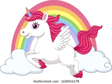 Cute little pony unicorn with wings on clouds and rainbow