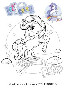 Cute little pony. Vector black and white illustration for coloring book