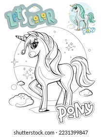 Cute little pony. Vector black and white illustration for coloring book