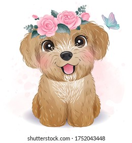 Cute little Poodle with floral illustration