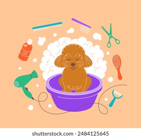Cute little poodle taking a bath in a plastic bowl with soap foam, bubbles and grooming tools, such as hair dryer, scissors, shampoo, brushes, combs. Hand drawn doodle pet grooming salon illustration