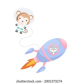 Cute little possum flying in blue rocket. Cartoon monkey character in space costume with rocket on white background. Design for baby shower, invitation card, wall decor. Vector illustration