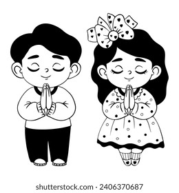 Cute little praying children girl and boy in full growth. Vector illustration. Isolated hand drawings. Religious believer child character concept. Kids collection