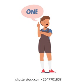 Personagem bonito do desenho animado do menino da pré-escola mostrando número um por dedo com texto no design da bolha da fala isolado no fundo branco. Ilustração vetorial de aprendizagem de matemática divertida