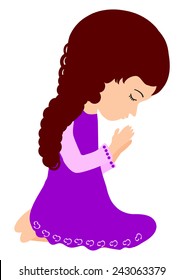 A Cute Little Pretty Girl Kneeling And Praying -Vector Illustration 