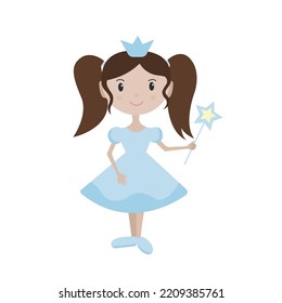 Cute little pretty princess girl in a blue dress with brown hair. Cartoon illustration for kids clothing. Use for print, surface design, fashion wear