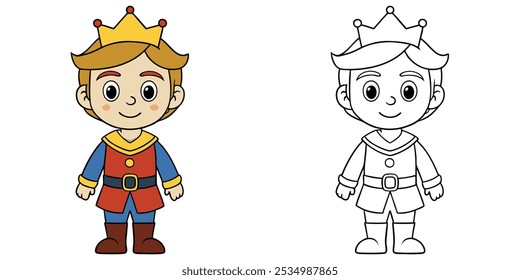 Cute Little Prince With Crown Cartoon Outline Coloring Page For Kids