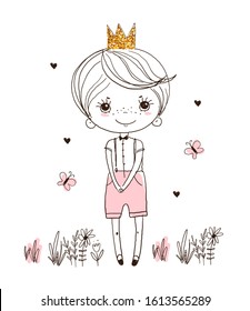 Cute little prince in a golden crown. Toddler in shorts with suspenders stands on the grass. Greeting card with a fabulous children s character. Vector illustration.