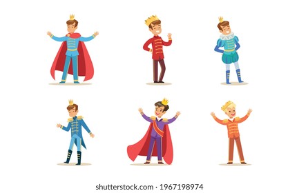 Cute Little Prince Set, Boys in Crowns Dressed Elegant Fairytale Costumes Cartoon Vector Illustration