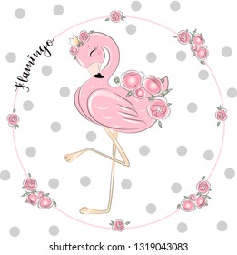 Cute Little Princess Abstract Background with Pink Flamingo Vector Illustration 