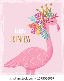 Cute Little Princess Abstract Background with Pink Flamingo with flowers hand drawn Vector Illustration for kids fashion artworks