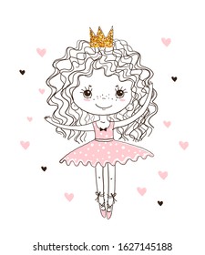 Cute little princess ballerina. A girl dances in a tutu skirt and pointe shoes. Linear hand drawing, vector doodle illustration isolated on white background