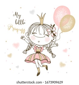 Cute little Princess with balloons. Vector.