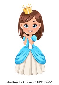 Pequeña princesa linda con un hermoso vestido. Caricatura animada de la princesa en la corona.