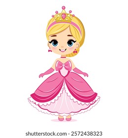 Cute little princess with beautiful eyes in pink dress and golden crown. Isolate on white background, Vector illustration in flat drawn cartoon style