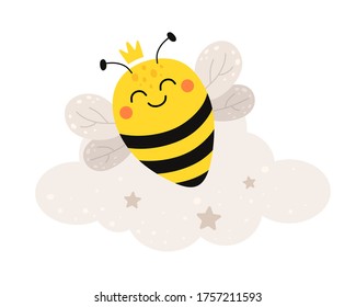 Cute little princess bee sleeping on a cloud. Vector illustration in cartoon flat style.