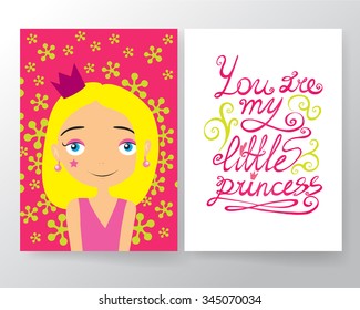 Cute Little Princess card template set. Vector cartoon illustration.