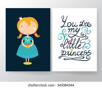 Cute Little Princess card template set. Vector cartoon illustration.