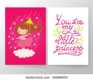 Cute Little Princess card template set. Vector cartoon illustration.