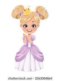 Cute little princess. Cartoon baby girl in carnival costume and crown. 