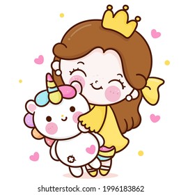 Cute little princess cartoon hug doll unicorn fairy kawaii animal pony child go to bedroom. Series fairytale Beautiful character (Girly girl) cute vector. Hand drawing Illustration for kids fashion.